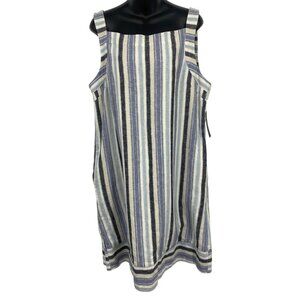 Sharagano Linen Women Tunic Dress 14 Sleeveless Square Neck Blue Stripe NWT New
